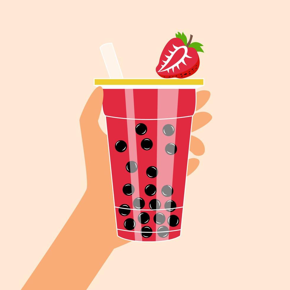 Bubble tea with tapioca and strawberries. Milk smoothie. Cocktail with a straw vector