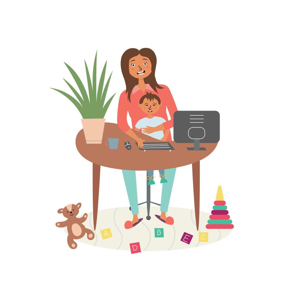Mom with a child at a remote work. Freelance home. Home Office Interior.  Home coworking vector