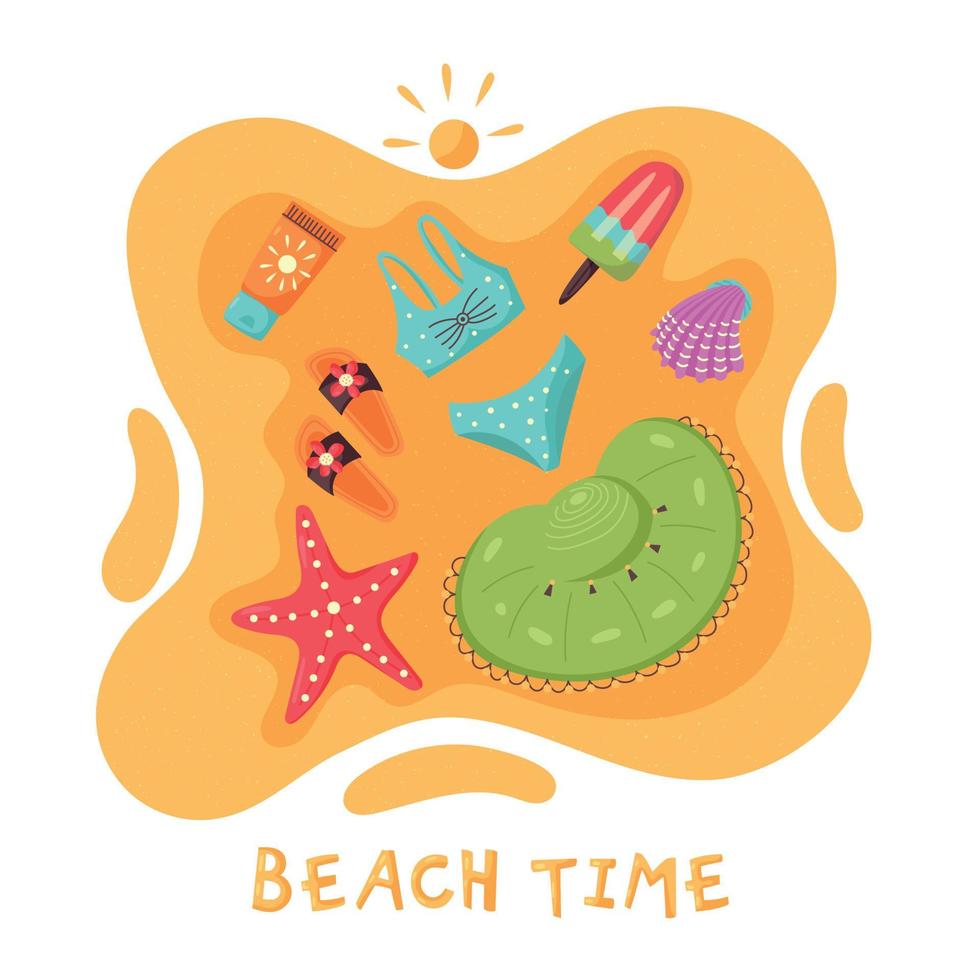 Summer composition on the sand hat swimsuit flip flops vector