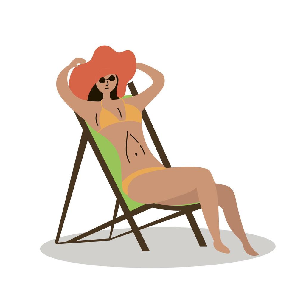 The girl in a hat and glasses sunbathes in the sun. Mass tourism. Inspire to travel vector