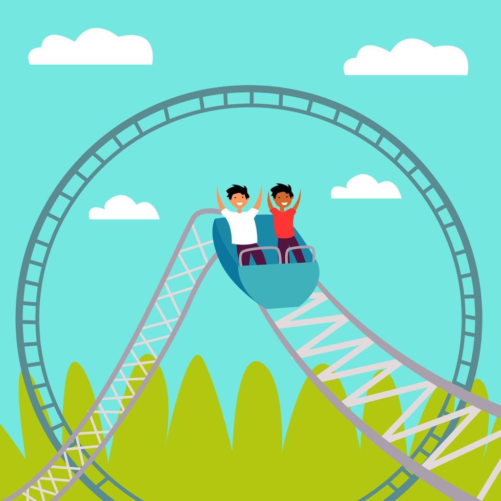 People ride a roller coaster. Children's attraction. Adrenaline. Thirst for speed and fun vector