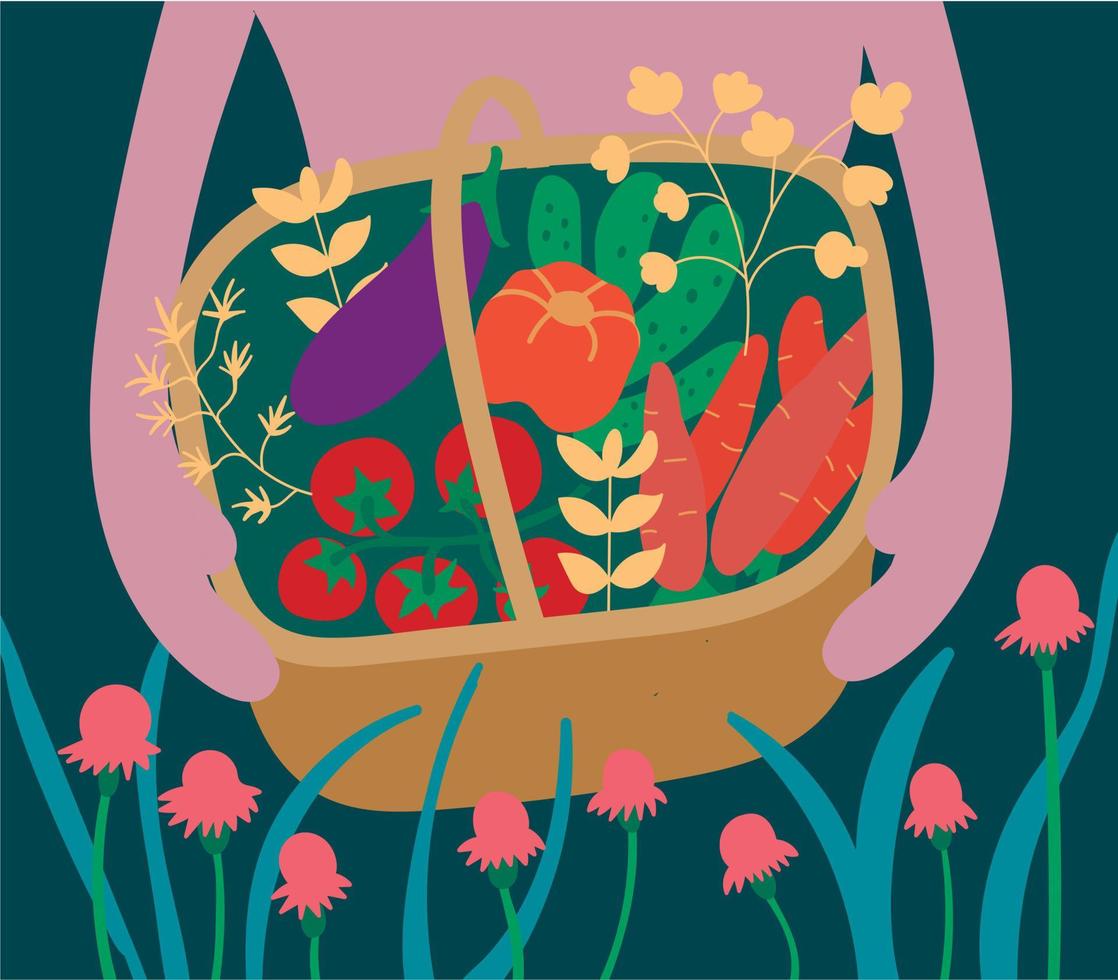 Vegetable harvest in a wooden basket. Cucumbers, carrots, eggplant, tomatoes, peppers, herbarium. Gardening and horticulture. Landscape of thickets of flowers and leaves vector