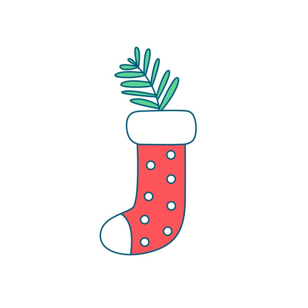 decoración navideña para el hogar, chimenea, puerta, árbol de navidad. calcetín de navidad para regalos con una rama de conífera dentro vector