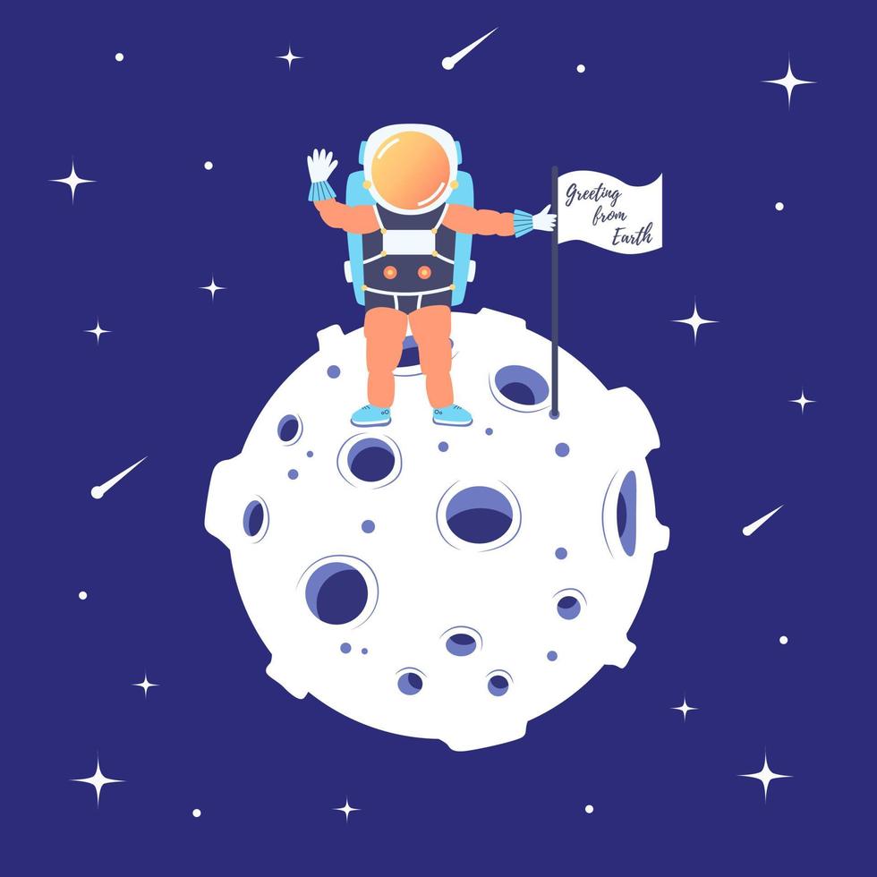 Astronaut stands on the moon with a flag. Landing on the satellite. Lunar mission. Space excursion. Star space vector