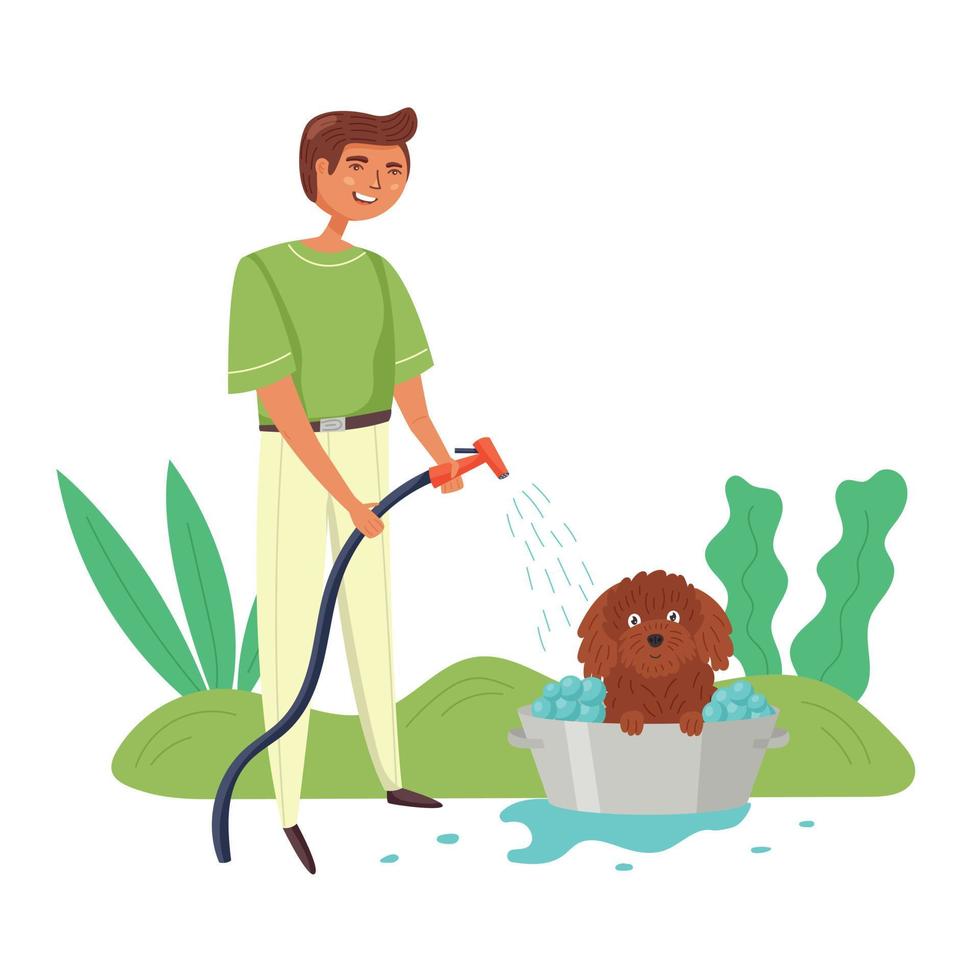 The guy washes the dog in a basin from a hose with water vector