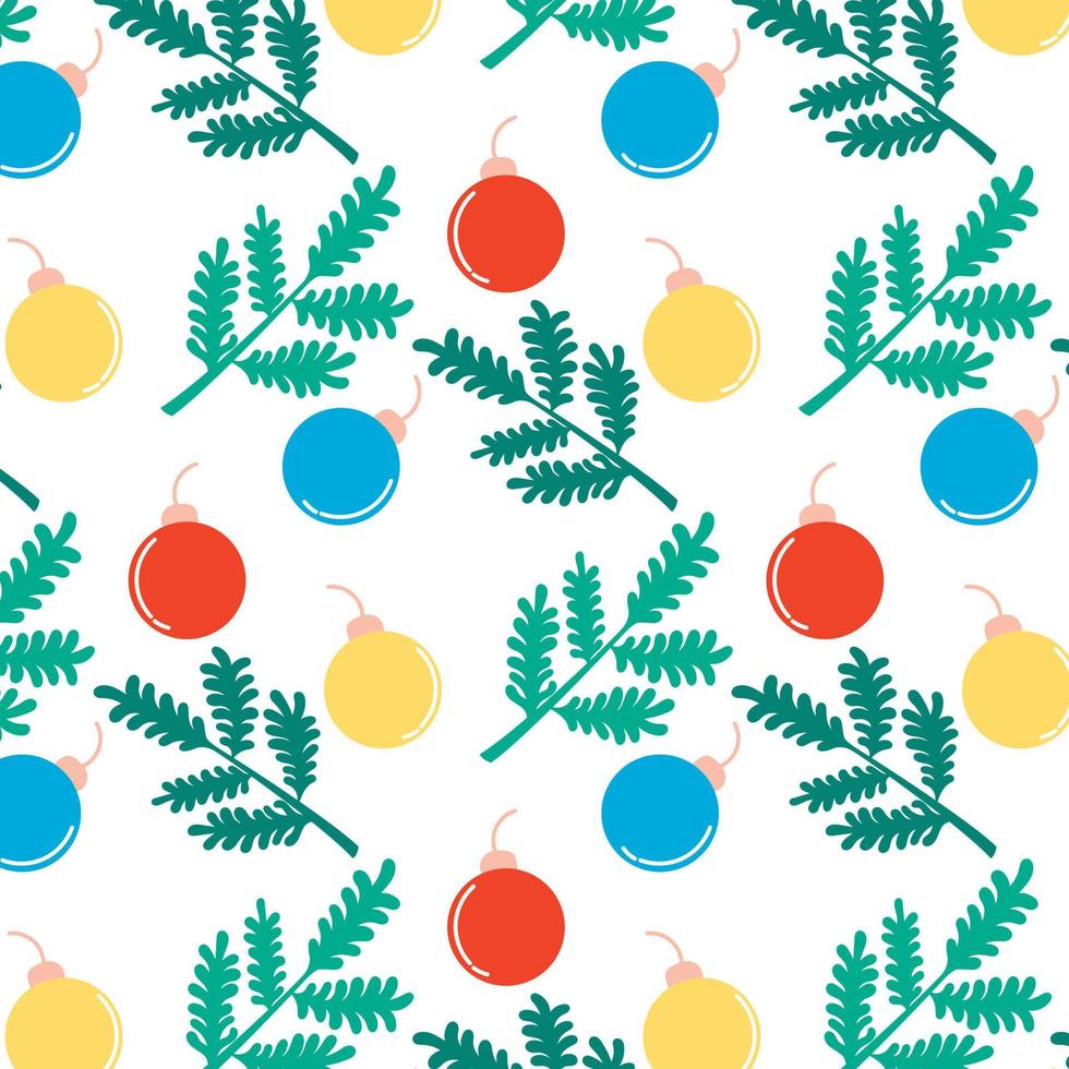 Christmas New Year pattern of coniferous branches of Christmas toys. Festive background vector