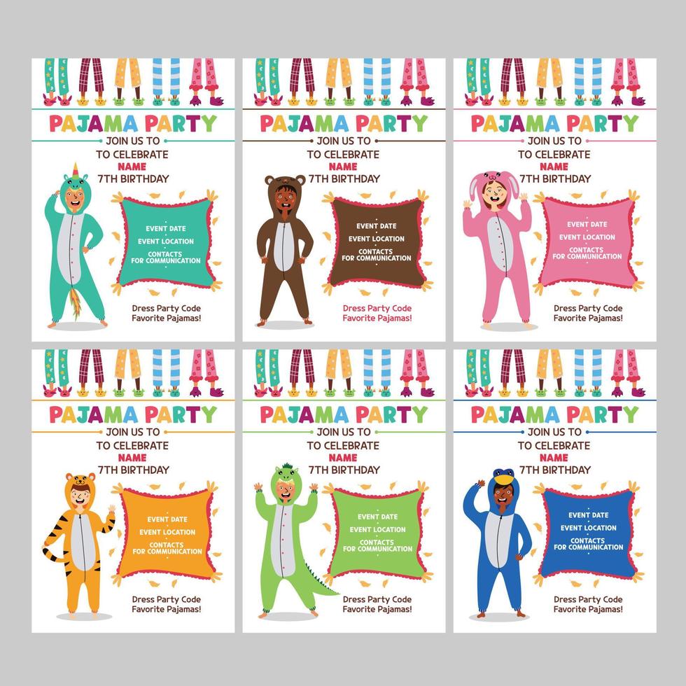 Set Pajama kids party invitation. Baby's birthday invite. One-sided invitation form with a girl and boy in Kigurumi pajamas. Children's pajama slippers vector