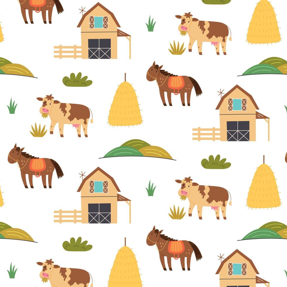 Seamless pattern barn haystack farm animals vector