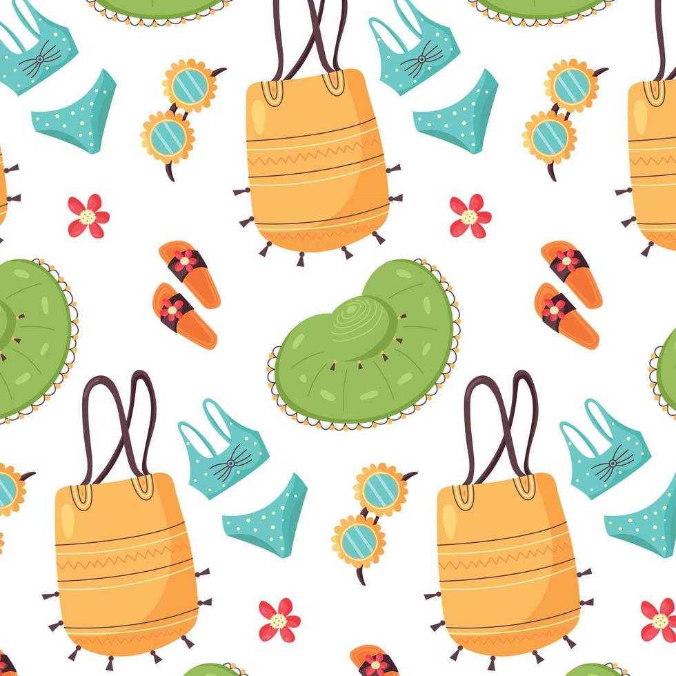 Pattern of summer items hat bag slippers glasses vector