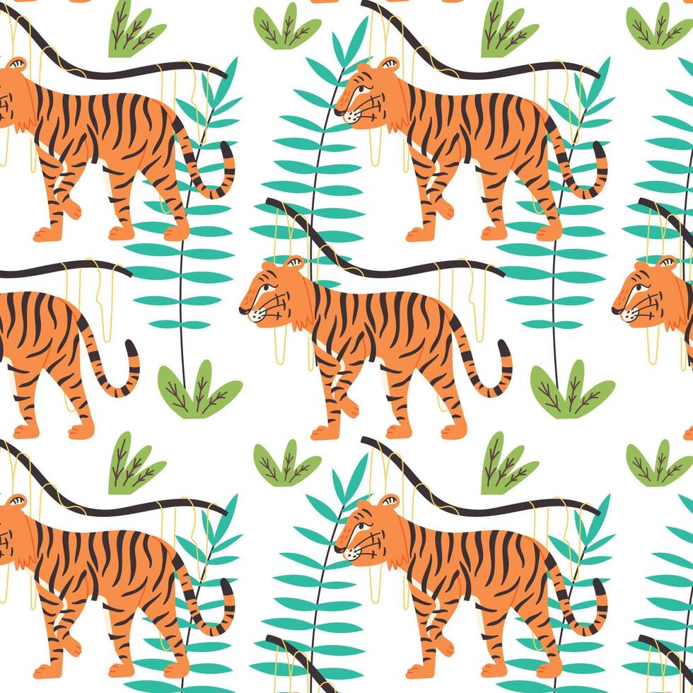 Seamless pattern of a crouching tiger in the jungle vector