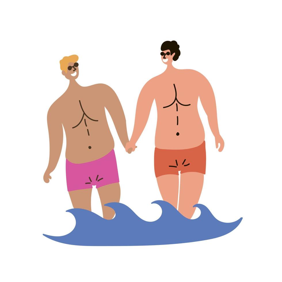 dos hombres gay de diferentes nacionalidades descansan y caminan por la playa y el mar. lgbt. inspirar a viajar vector