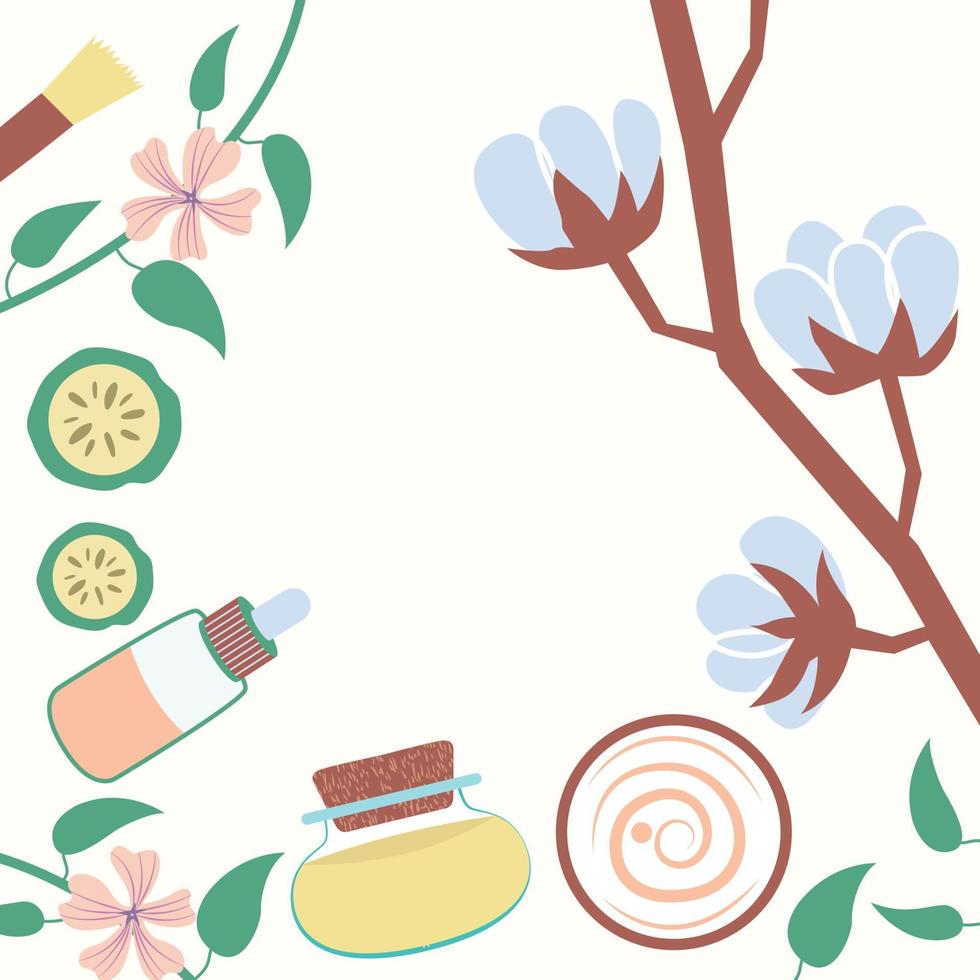 Frame top view natural cosmetics cotton cream essential oil. Vegetable and decorative frame vector