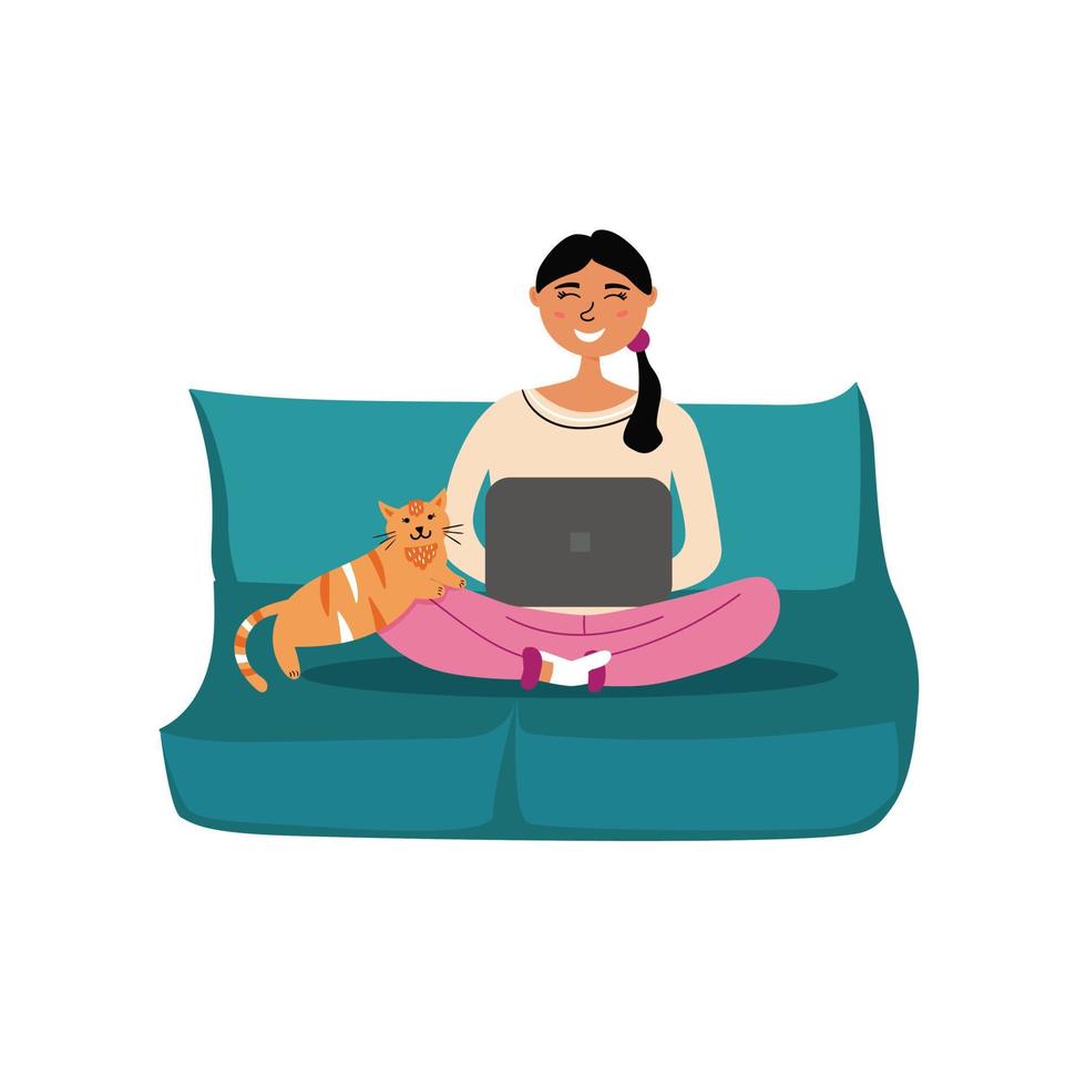 Freelancer girl sitting at a laptop at a remote work with a cat on the couch. Home office coworking. Free work space. Vector editable illustration