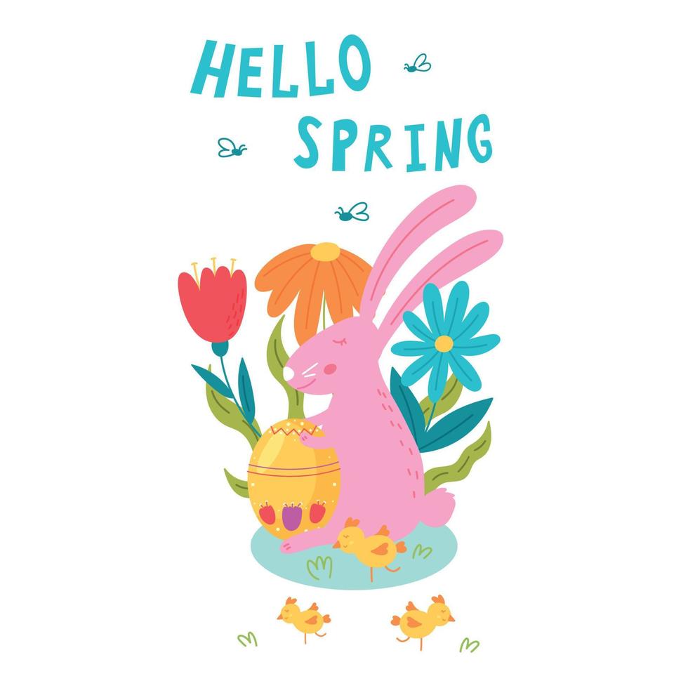 Hello spring greetings with an Easter bunny and an egg vector