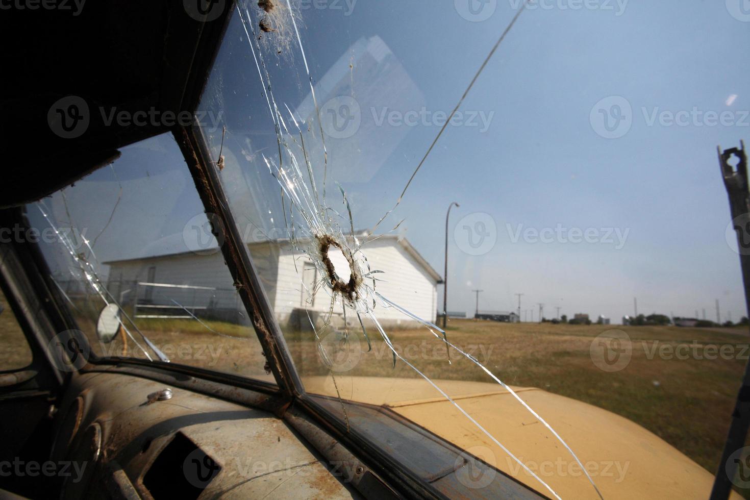 Interior of an abandoned Lions truck in scenic Saskatchewan photo