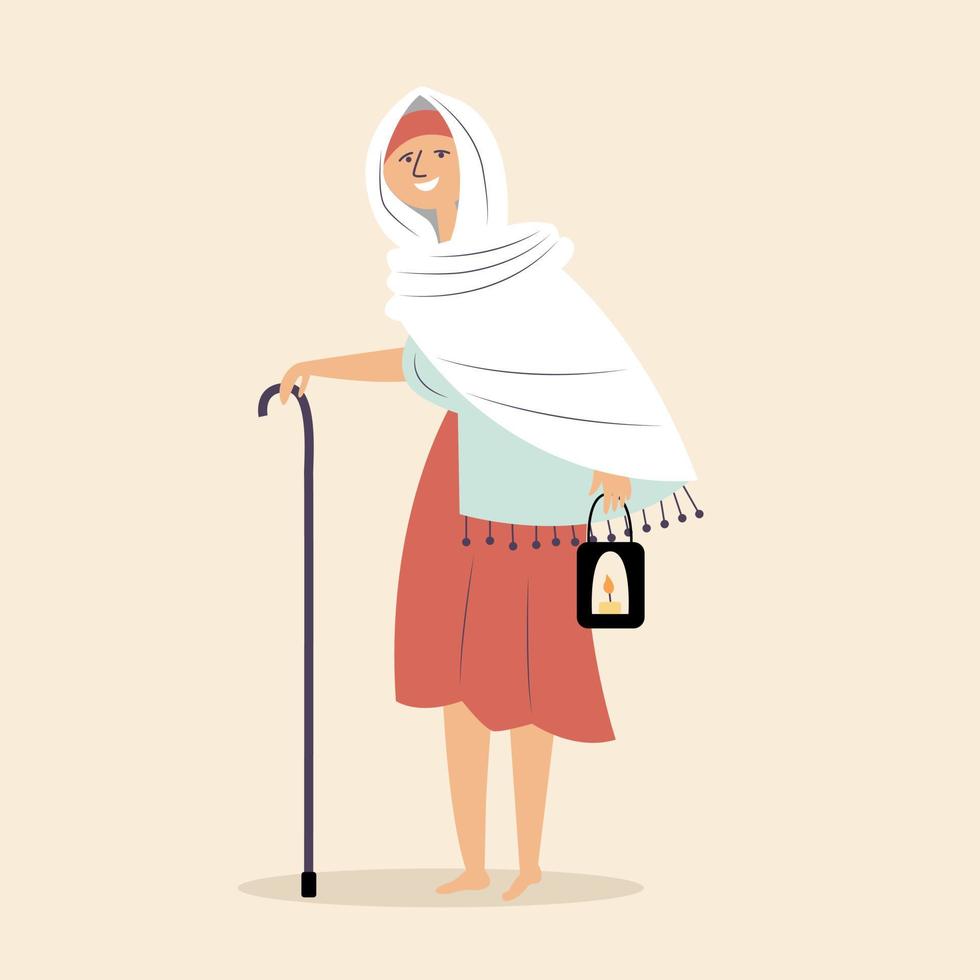 An elderly grandmother goes on a pilgrimage with a cane and candles. Sacred rite of pilgrims. Religious women vector