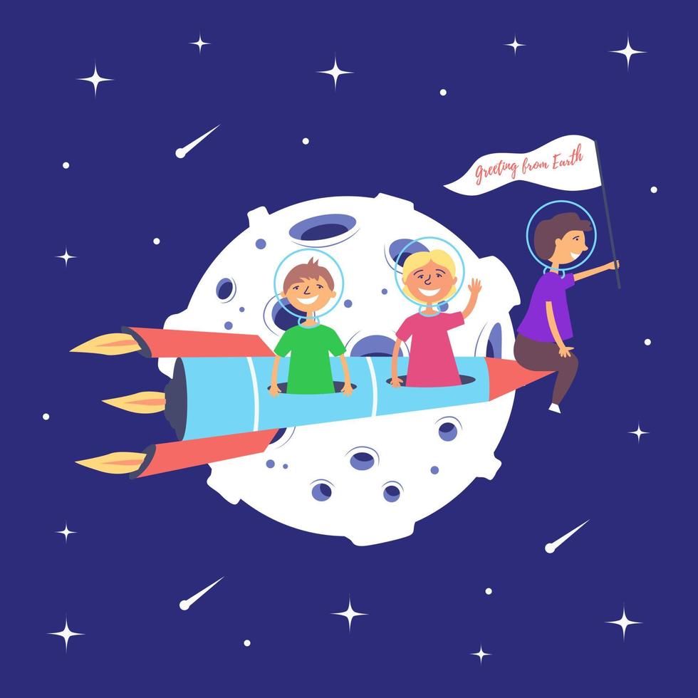 Children on a rocket fly to the moon. Lunar mission. Space excursion. Star space vector