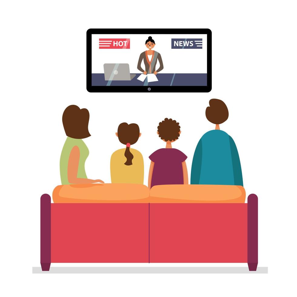 Family Watching TV News. Family evening watching the news. Vector editable illustration