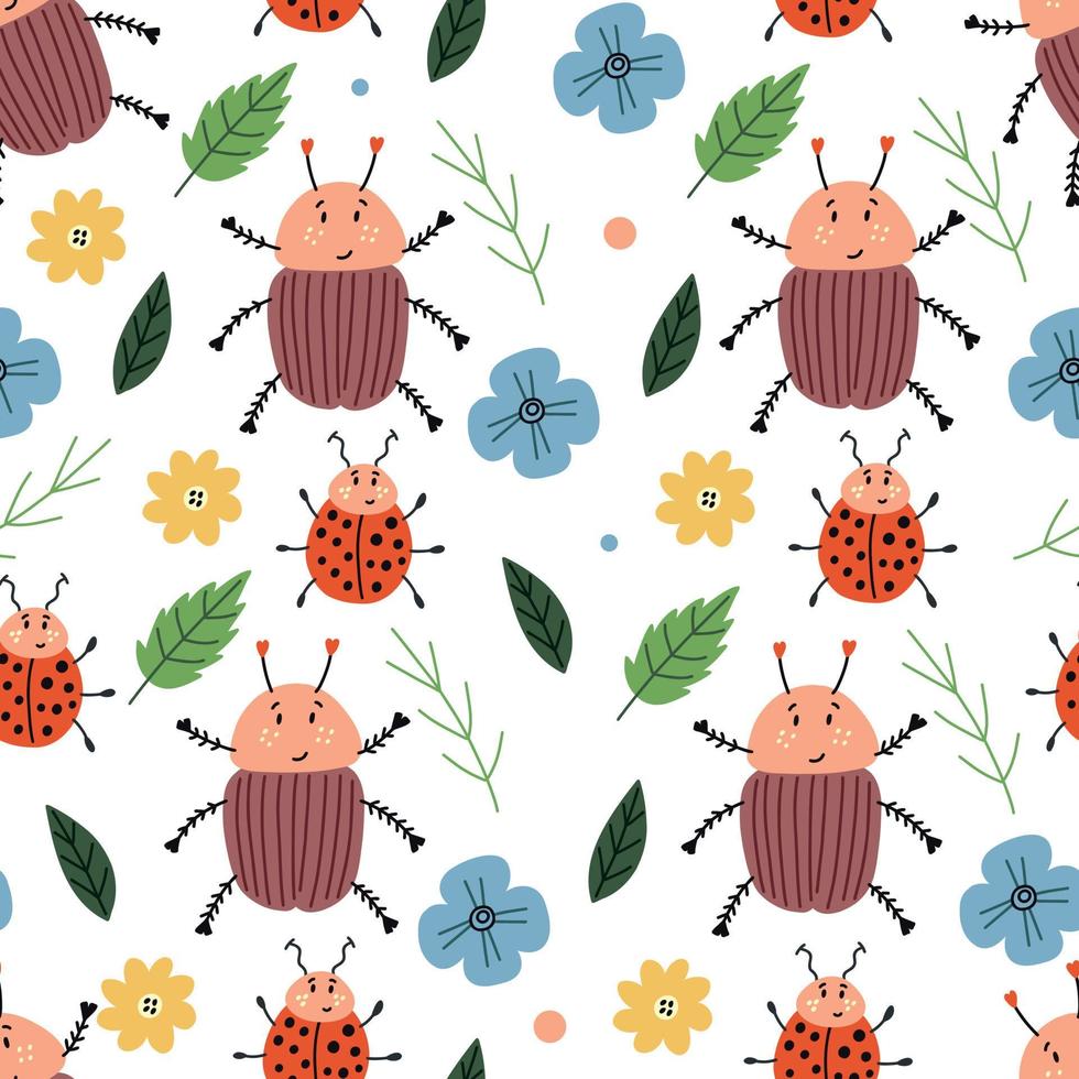 Seamless children pattern insects bugs flowers vector