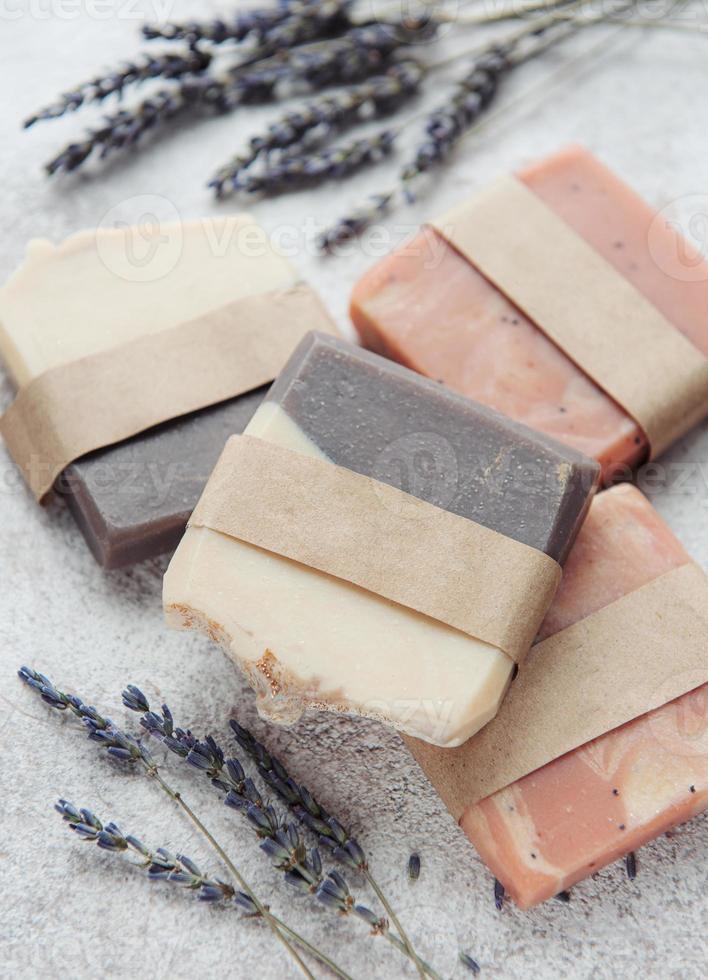 Natural soap with dried lavender flowers photo