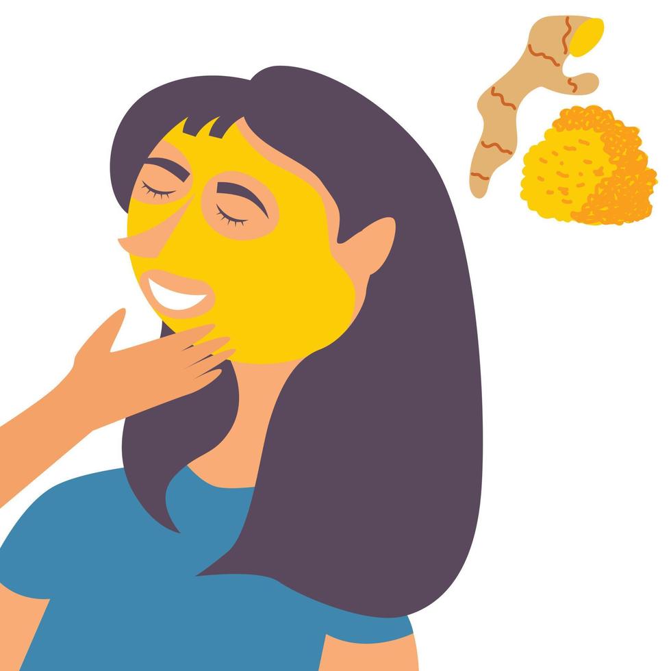 A girl in the Spa  applies  turmeric mask to her face. Cosmetic cleansing and moisturizing procedure. Skin nourishing vector
