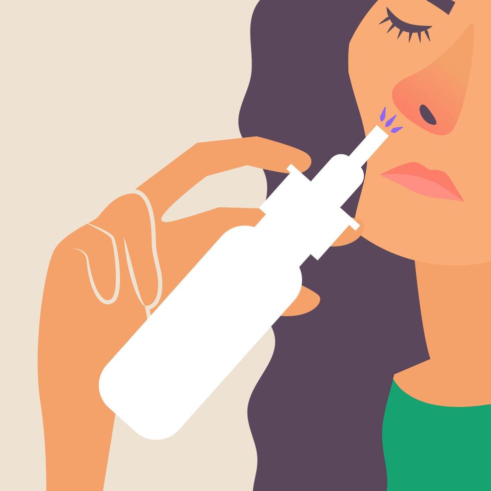 Girl with a runny nose. Treatment of a runny nose spray. Allergy vector