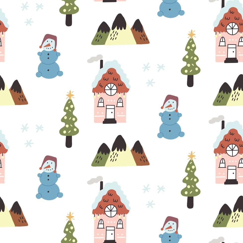 seamless, patrón, invierno, cabaña, muñeco de nieve, montaña, árboles de navidad vector