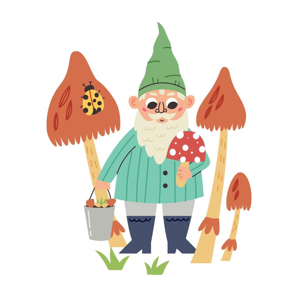 Little Gnome Holding Bucket of Mushrooms vector