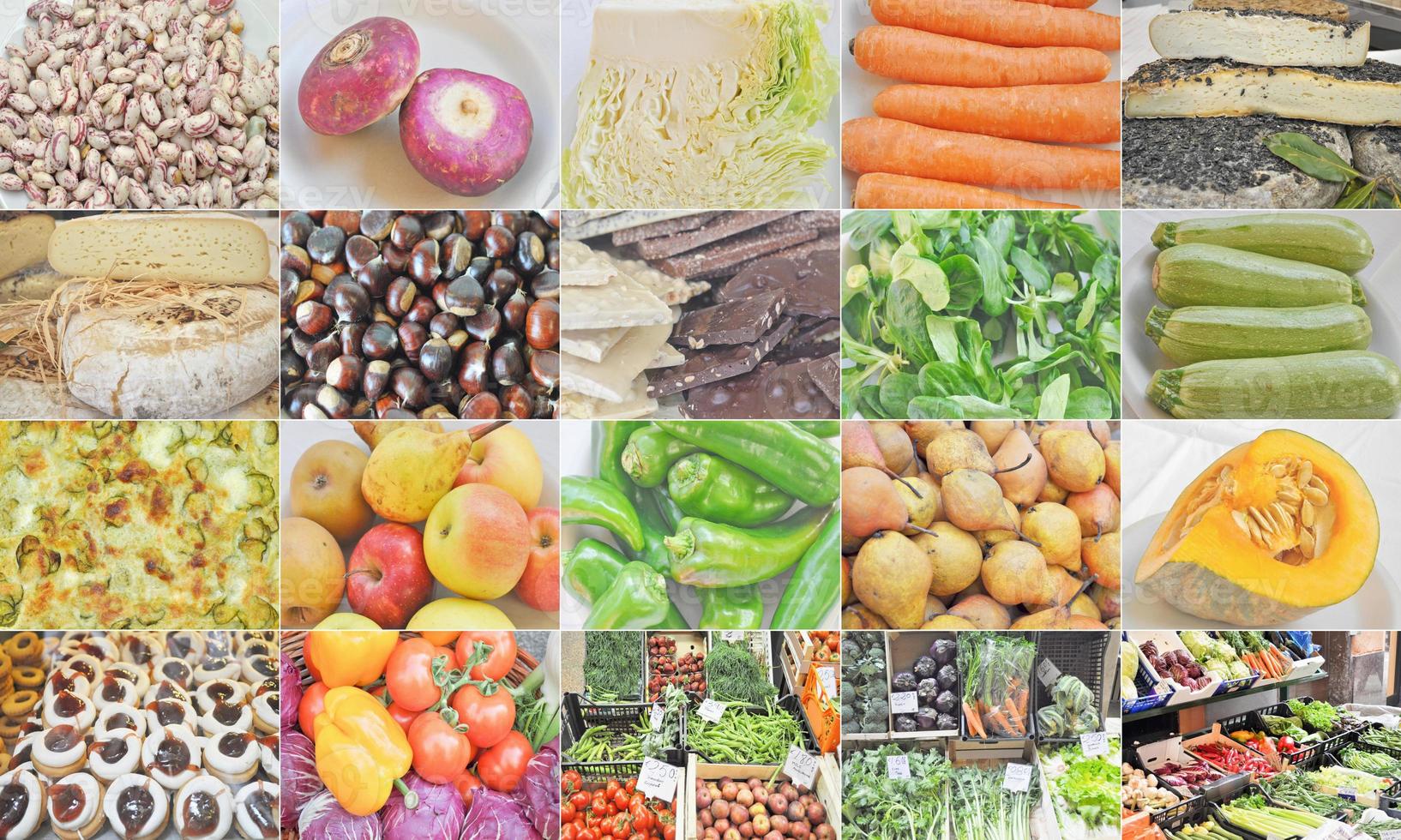 Food collage set with beans, vegetables, fruit and cheese photo