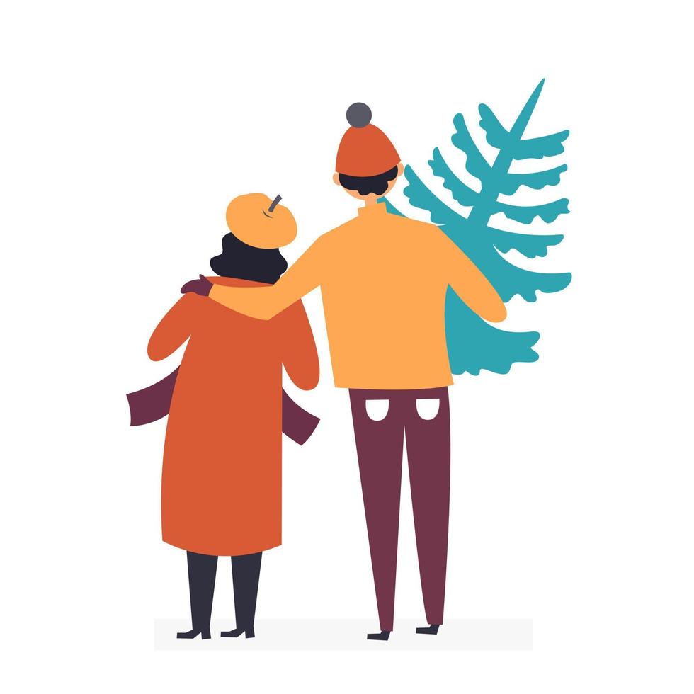 The family bought a Christmas tree. Buying wood in the market. Bazaar. Christmas sale. Satisfied with the purchase vector