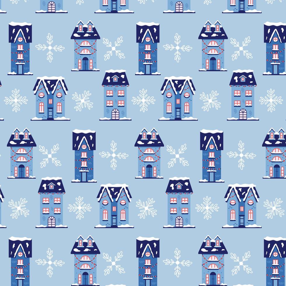 Christmas pattern winter houses with snowflakes vector