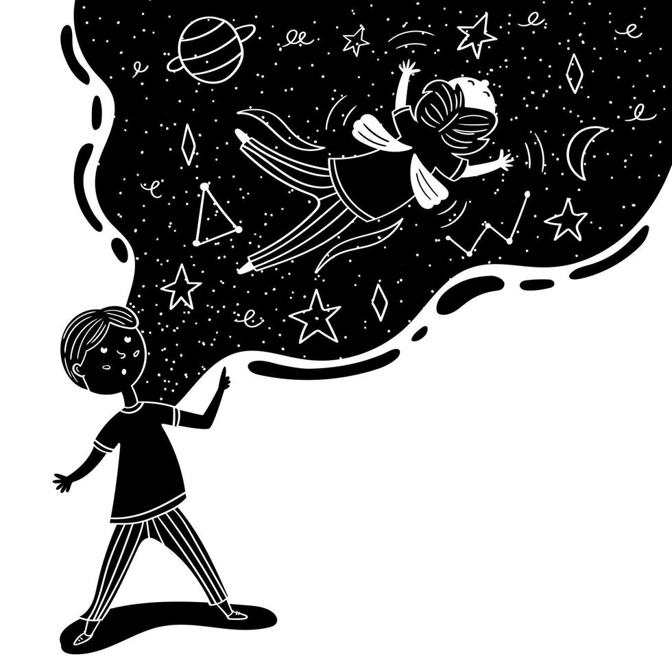 Child dreams of flying in space vector