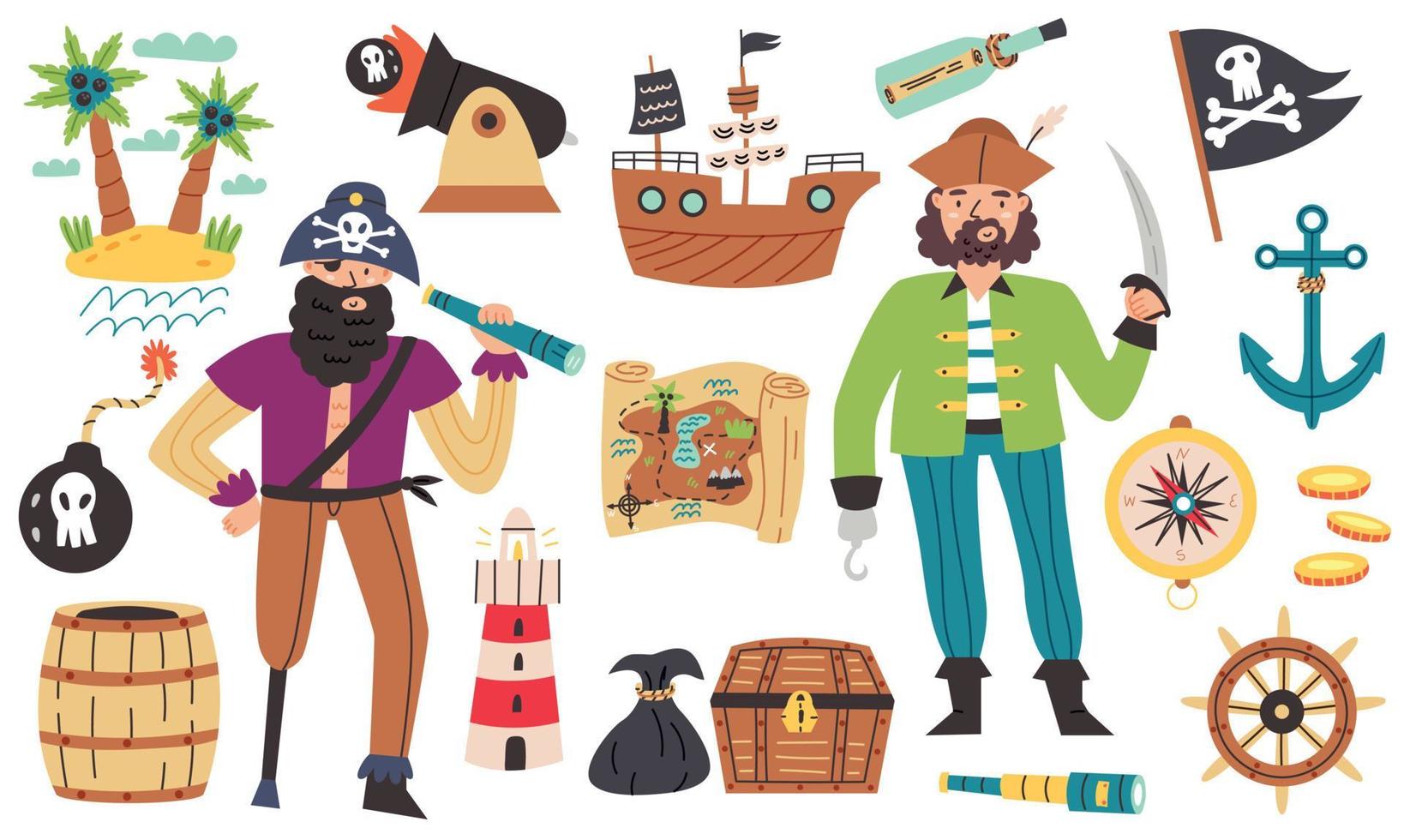 Bundle Set Pirate in cartoon hand drawn style vector