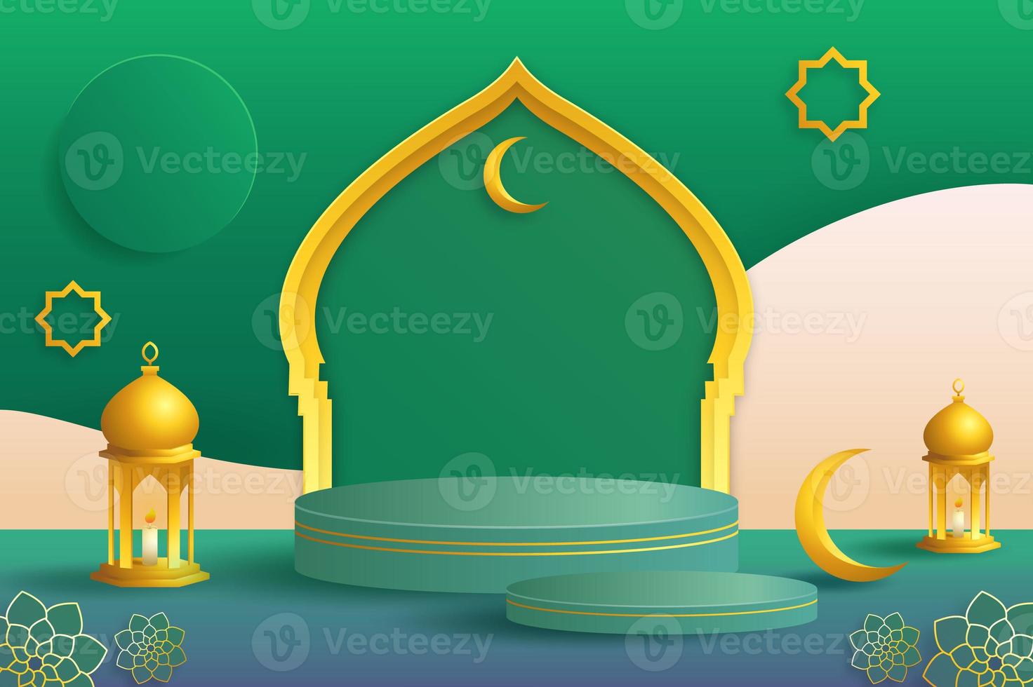 3d green and gold islamic style ramadan kareem themed horizontal background podium for product display product showcase on pedestal photo