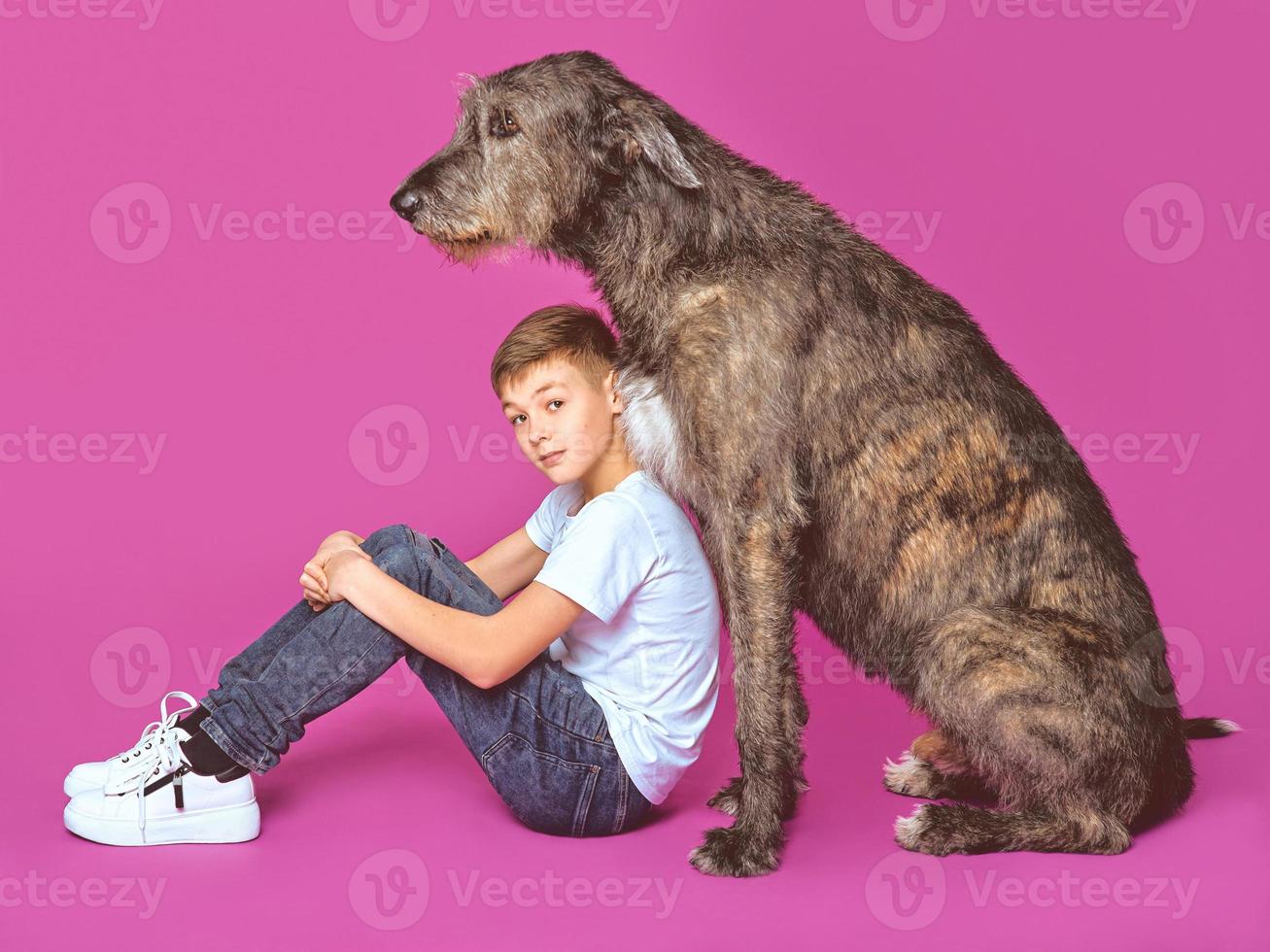 Smiling cheerful eleven years teen in white t-shirt and jeans with brown big dog on fuchsia color background in photo studio. Pets, friendship concept