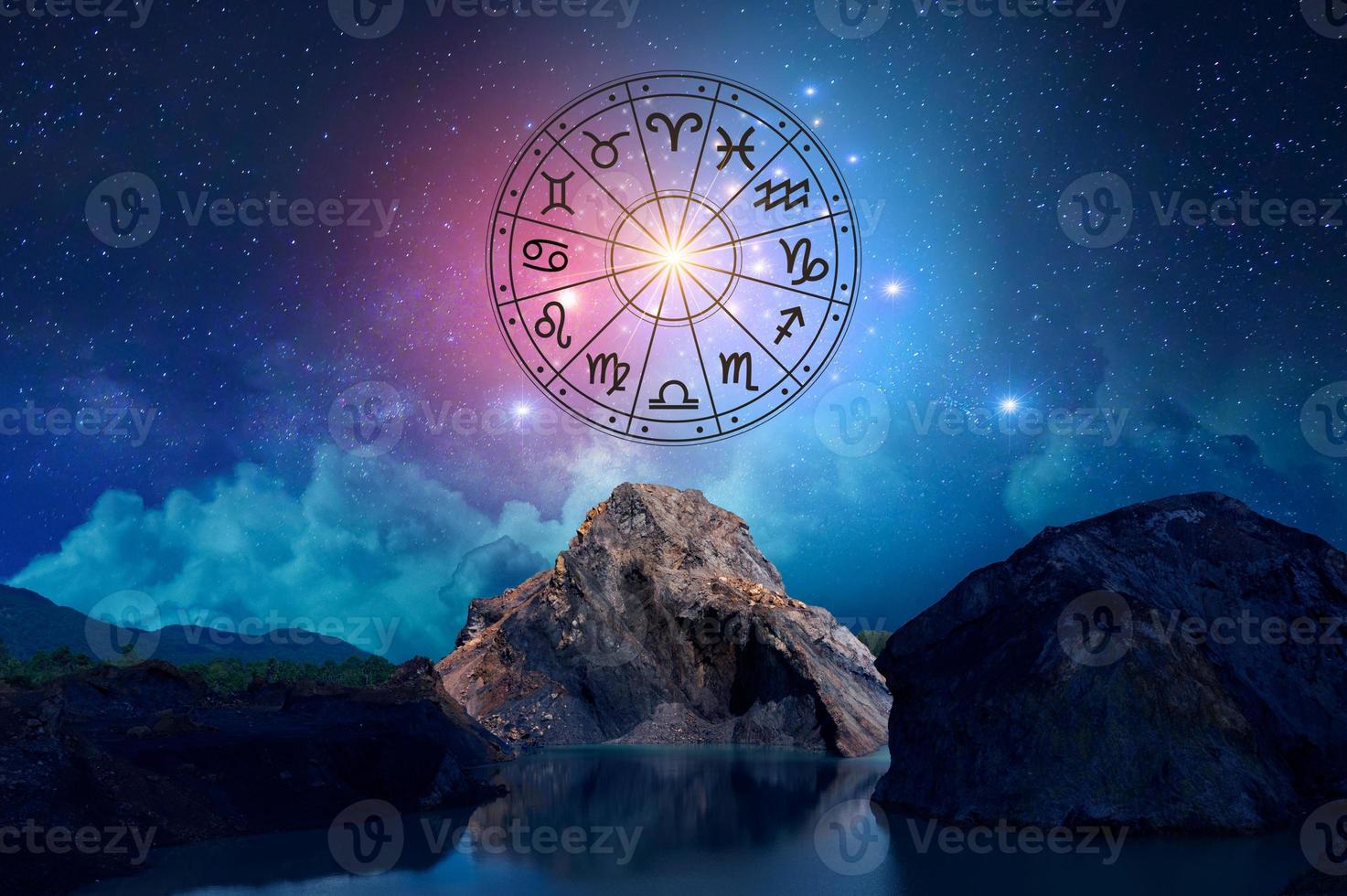 Zodiac signs inside of horoscope circle. Astrology in the sky with many stars and moons  astrology and horoscopes concept photo