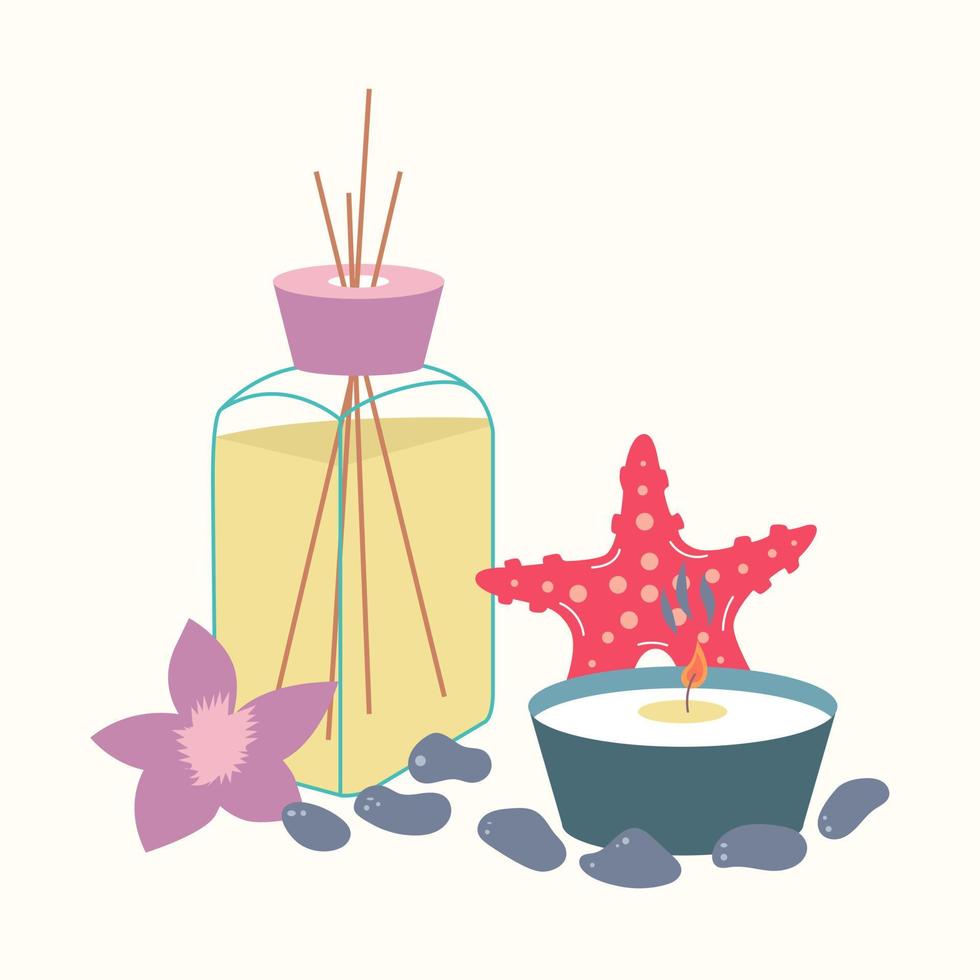 Spa treatment essential oil and aroma candle. Incense sticks next to a starfish. Cosmetic procedure vector