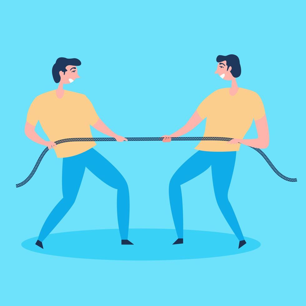 Men make every effort to pull the rope on themselves. Tough competition. Metaphor a lot of willpower. Fight with yourself. Overcome obstacles. Internal self-examination vector