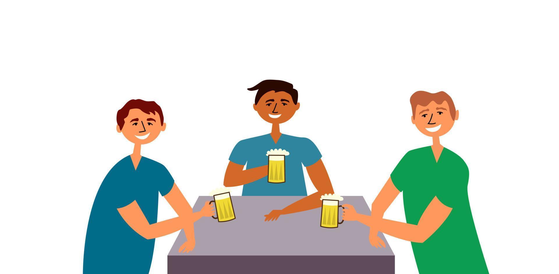 Friends guys drink beer. People gathered at the common table drinking and having fun. Friendly feasts. Toast. Alcoholic beverage. Bar vector