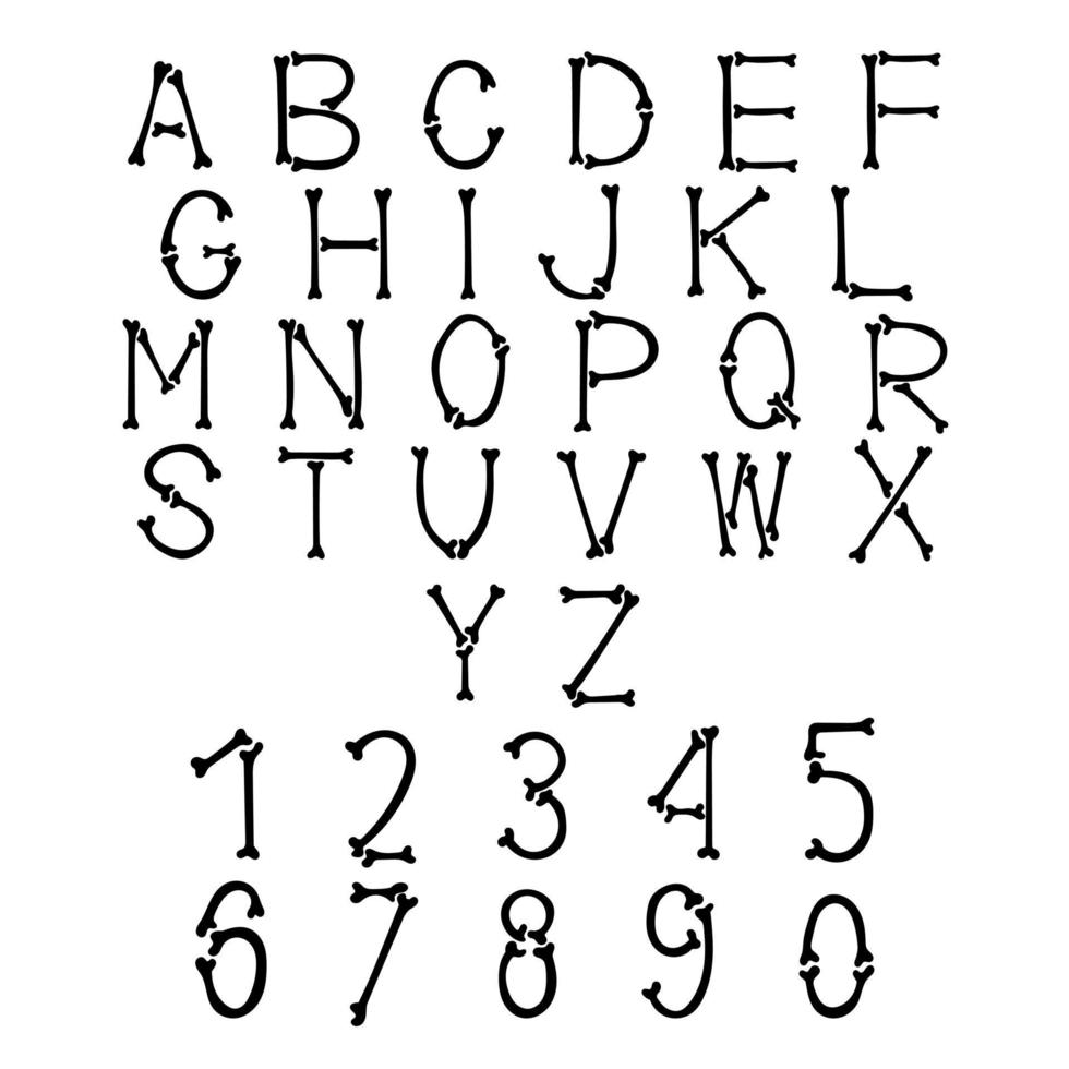 Vector english letters and numbers made of bones. Halloween black font