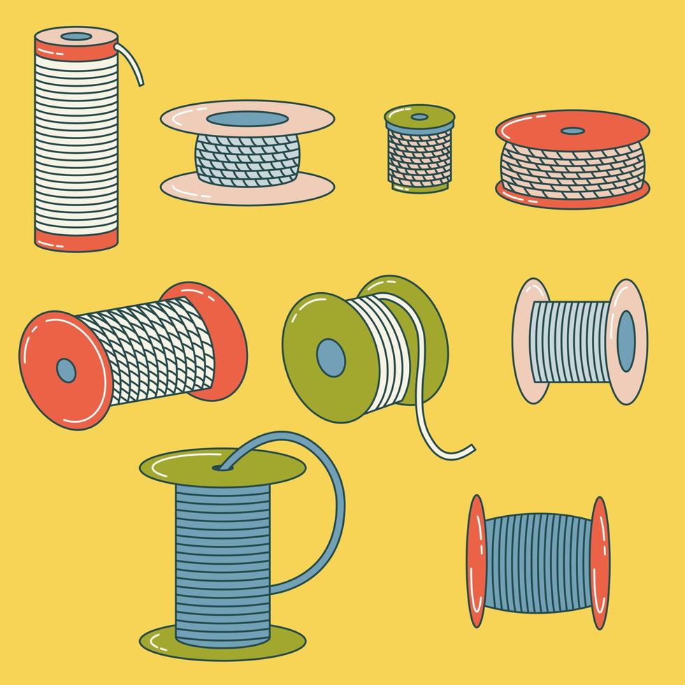 Set of wire spools, thread, alloy, rope reel. Coil. Outline drawing. Flat style vector