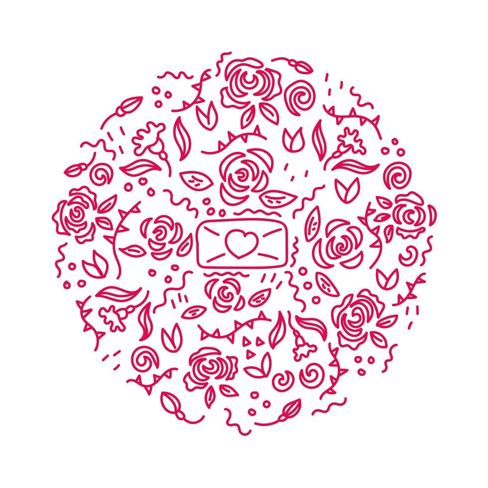 rosas florales carta de amor adornos de garabatos inscritos en un círculo. Día de San Valentín. símbolos de plantas florales, hojas, flores. ilustración vectorial editable vector
