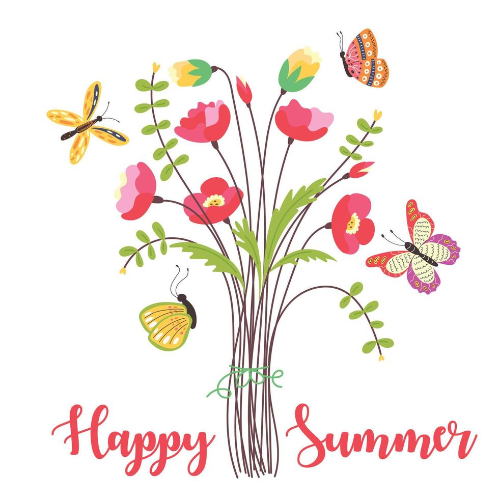 Bouquet with butterflies and lettering happy summer vector