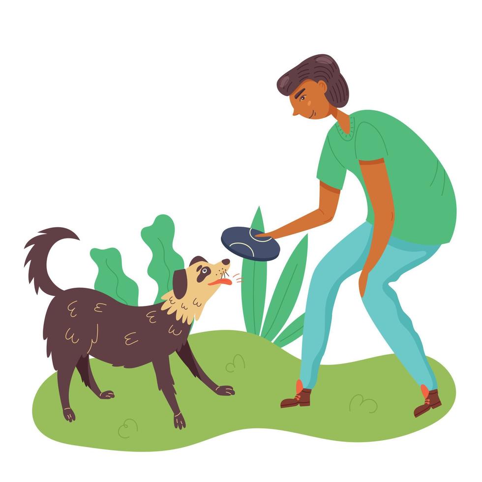 A guy playing with a dog in a flying saucer vector