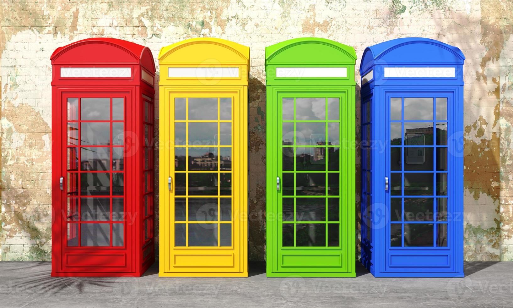 Multicolor english telephone booth on brick wall background photo