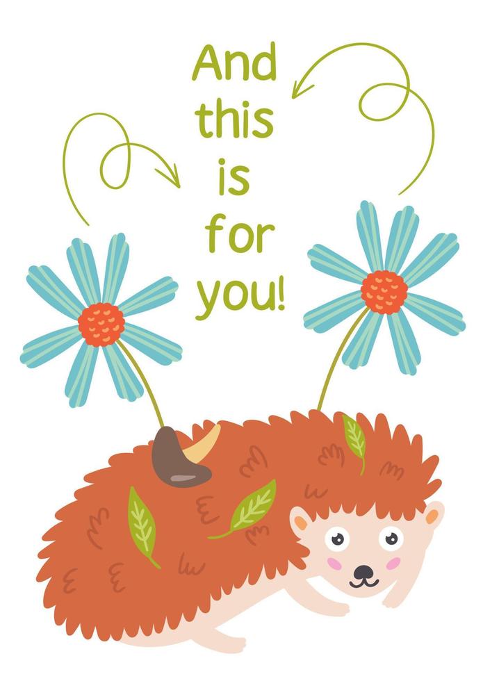 Cute hedgehog with mushrooms and leaves. Positive children greeting card. Vector illustration