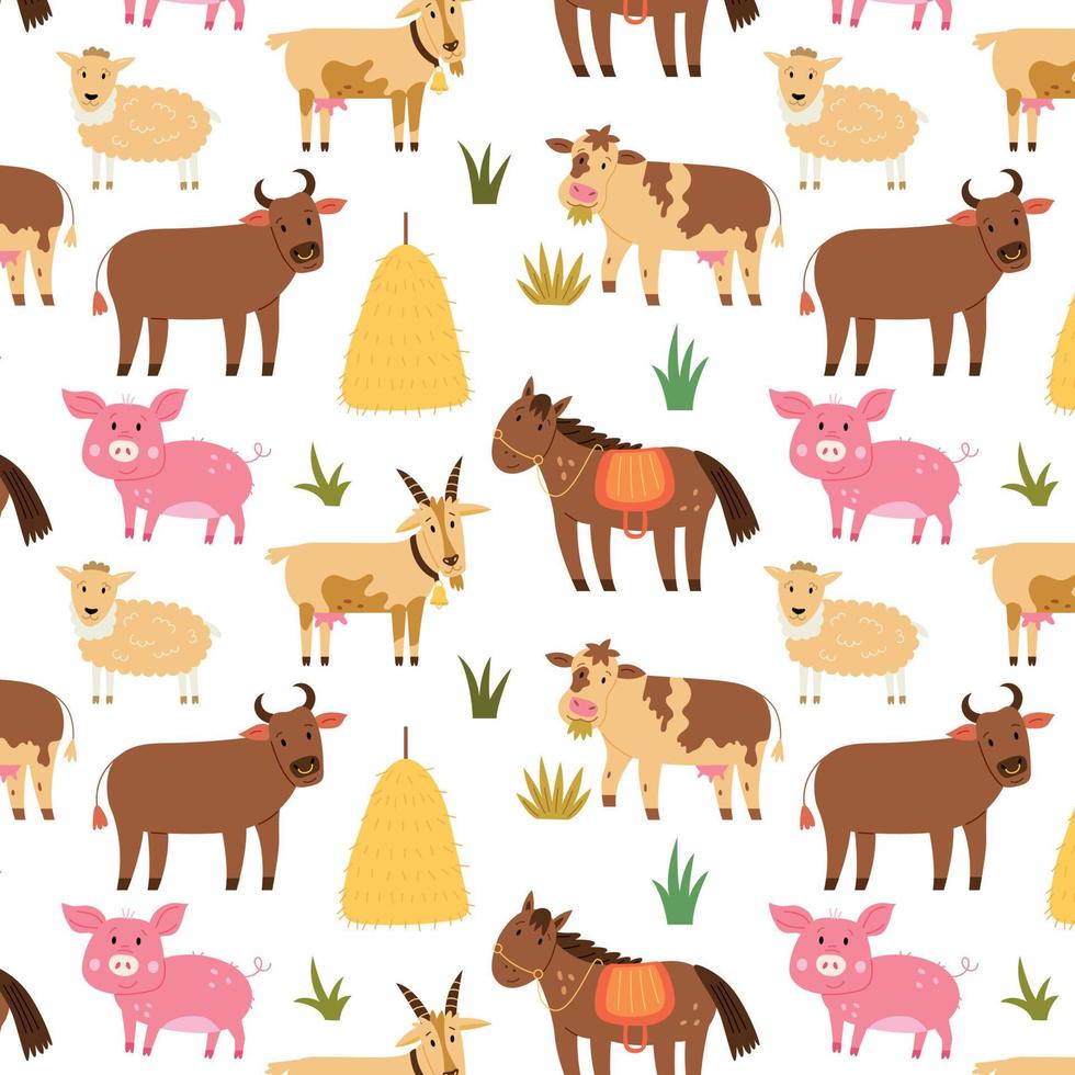 Seamless pattern farm animals horse pig sheep cow ox vector