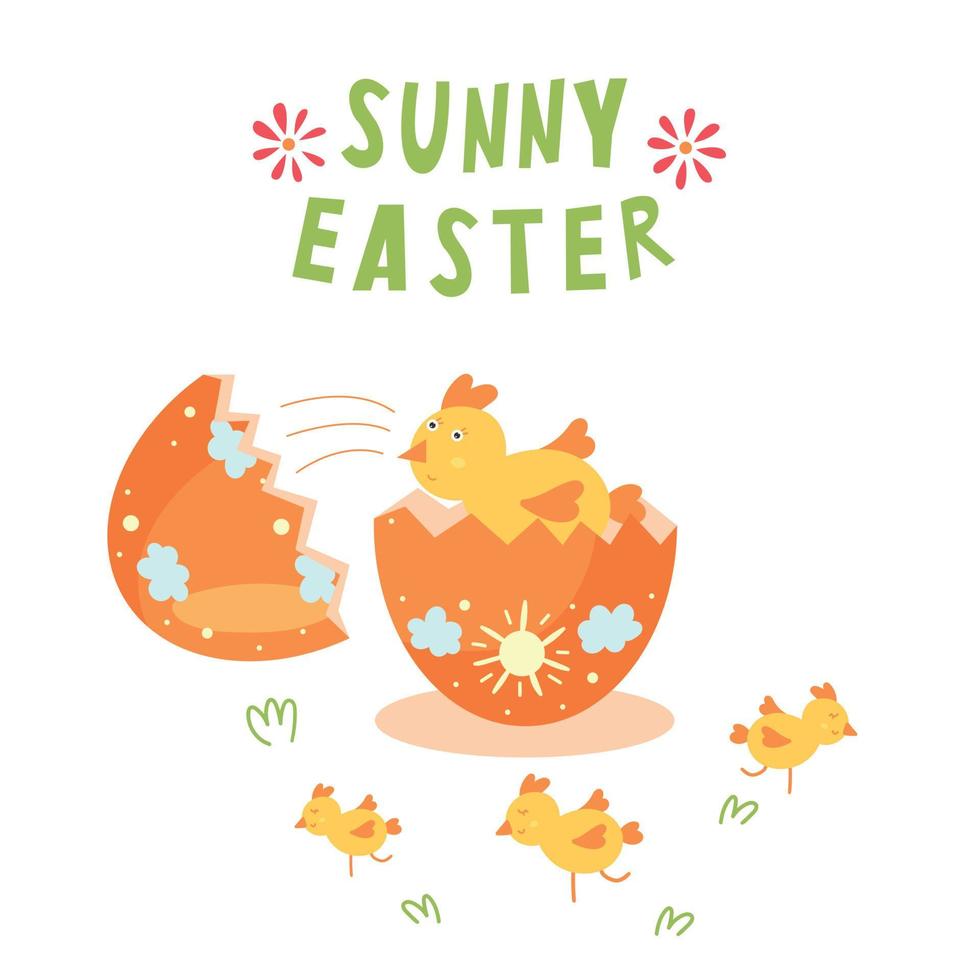 Greetings for a sunny Happy Easter with a chick hatched from the shell vector