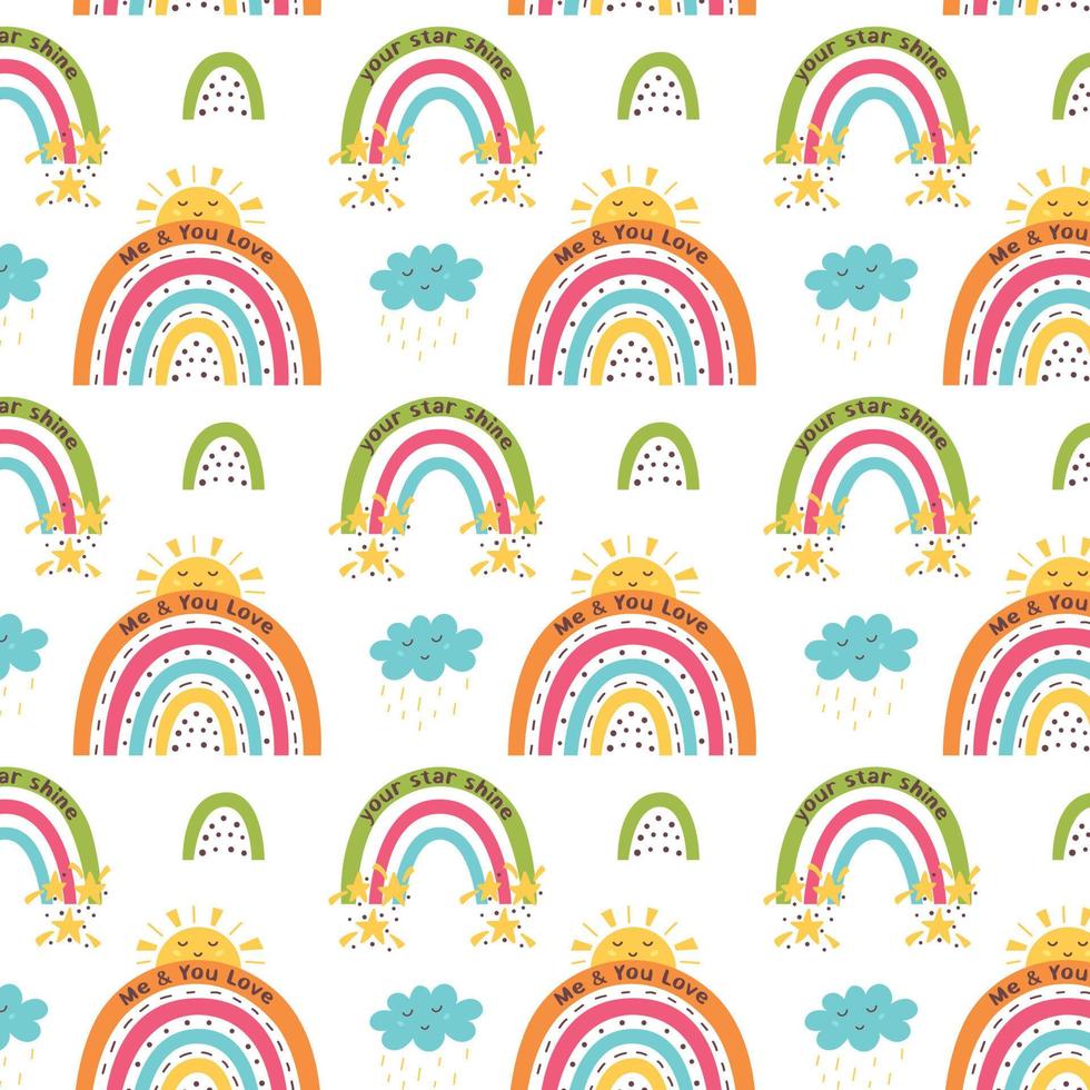 Colorful rainbow pattern with cloud, sun, stars vector