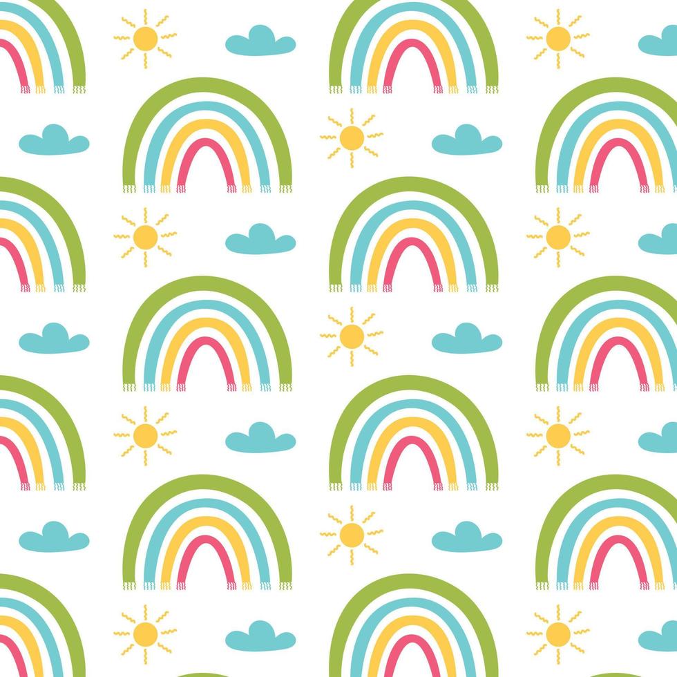 Colorful rainbow pattern with sun and clouds vector